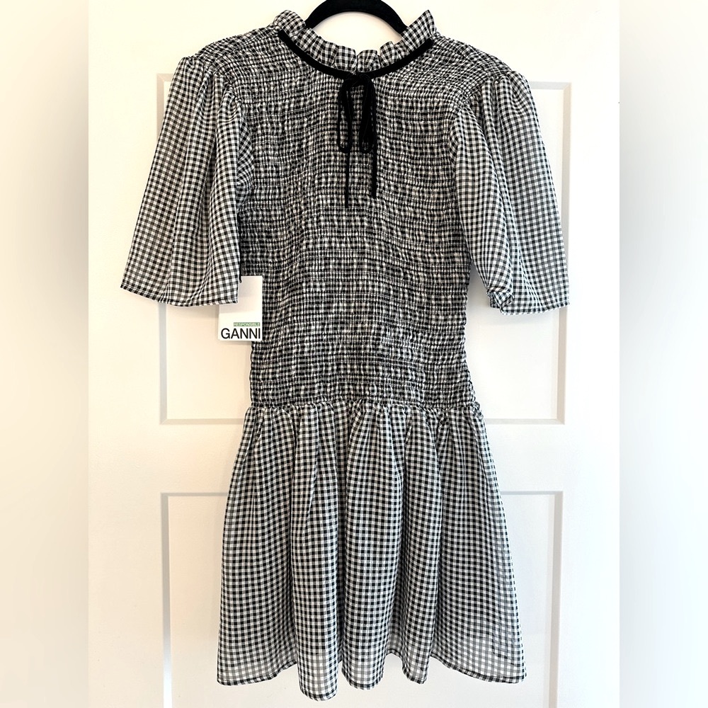 NWT GANNI Gingham Check Smock Mini Dress Size 38